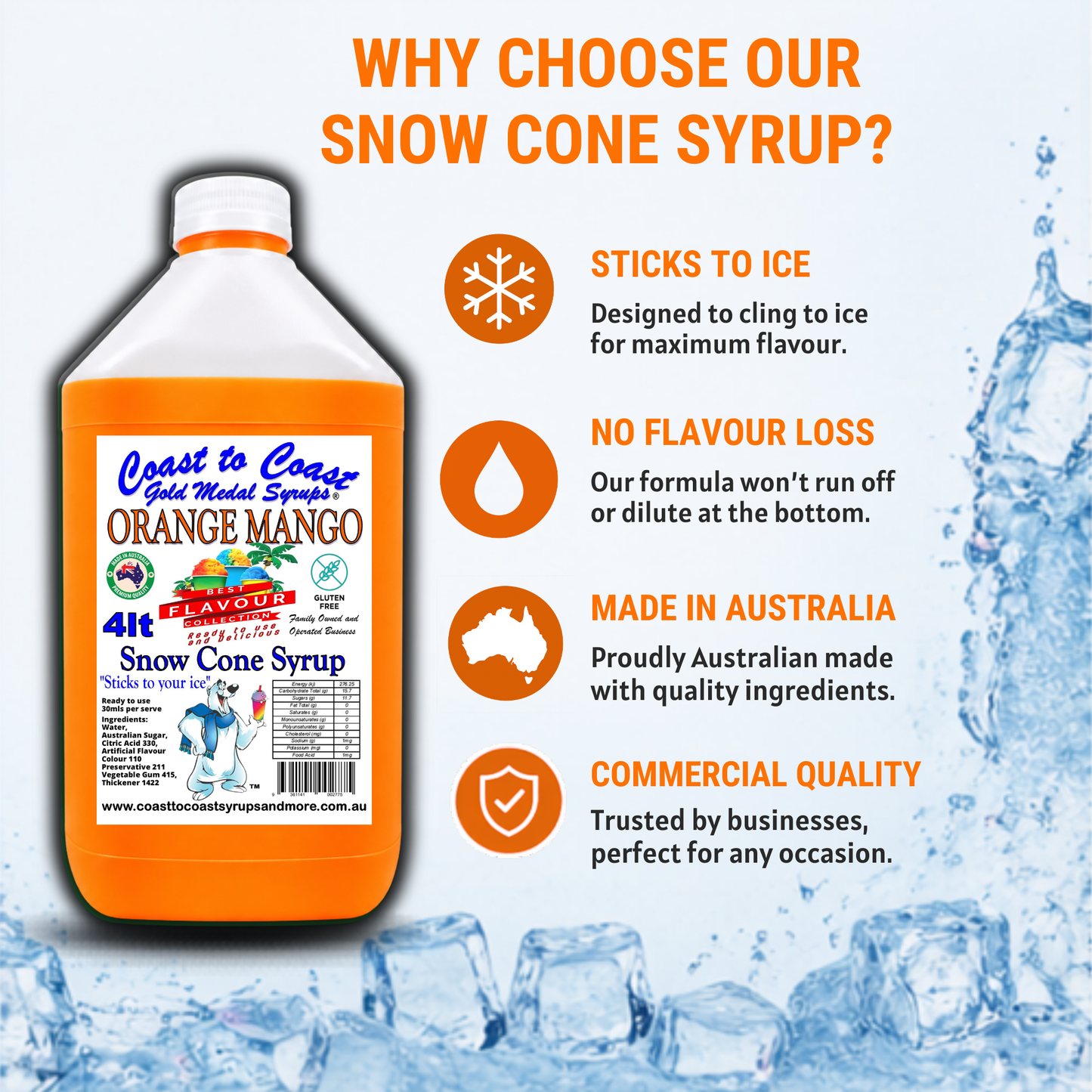 6 Orange Mango Snow Cone Syrup, 4Ltr, Premium Ice Syrup, Coast to Coast Gold Medal Syrups®