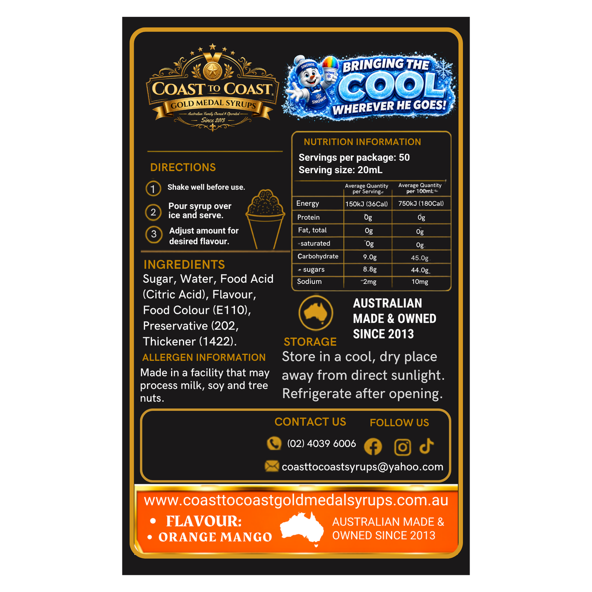 Orange Mango Snow Cone Syrups 375ml - Coast to Coast Gold Medal Syrups®