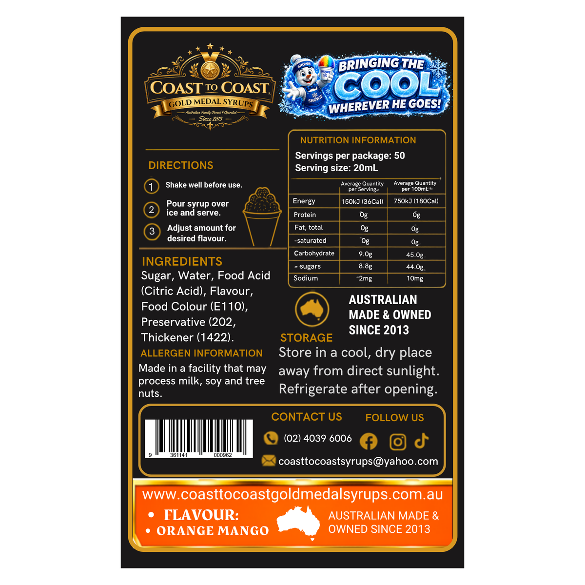 Orange Mango Snow Cone Syrups 750ml - Coast to Coast Gold Medal Syrups®