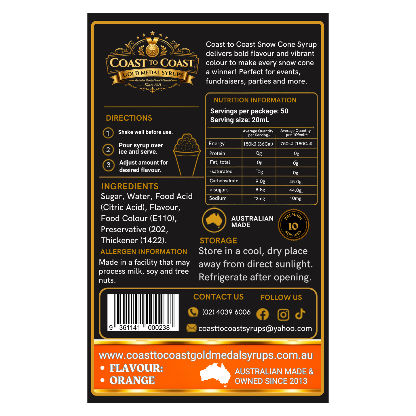 Orange Snow Cone Syrups 250ml - Coast to Coast Gold Medal Syrups®