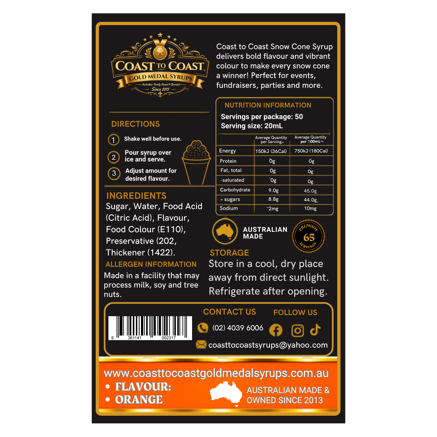 Orange Snow Cone Syrups 2ltr - Coast to Coast Gold Medal Syrups®