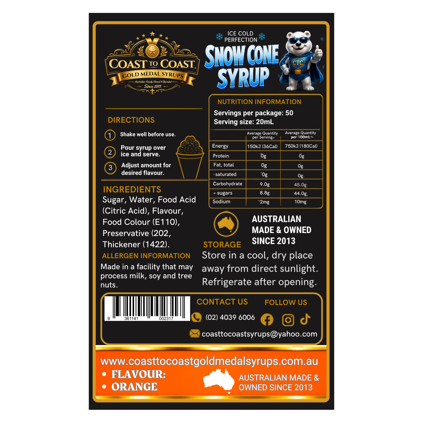 Orange Snow Cone Syrups 2ltr - Coast to Coast Gold Medal Syrups®