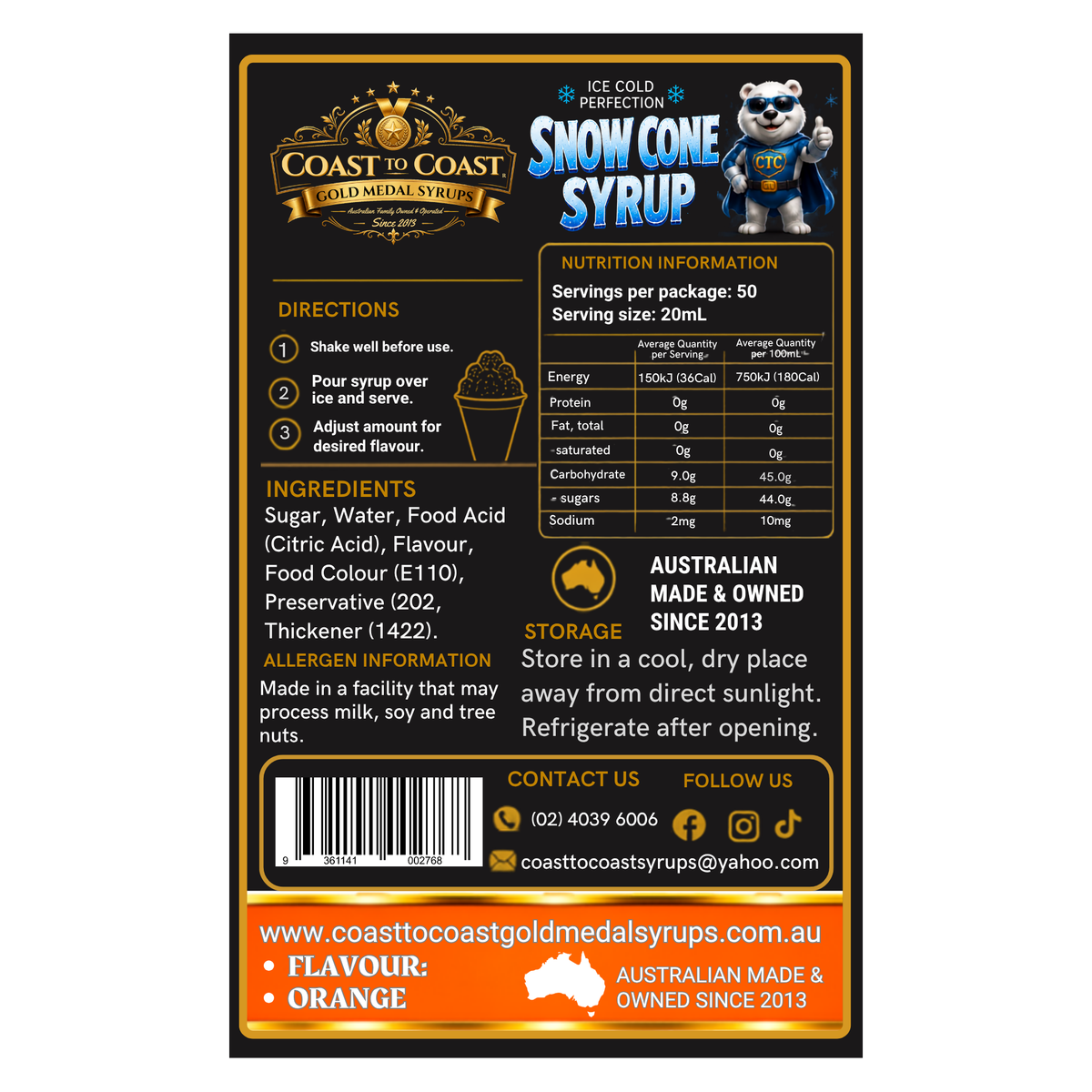 Orange Snow Cone Syrups 4ltr - Coast to Coast Gold Medal Syrups®
