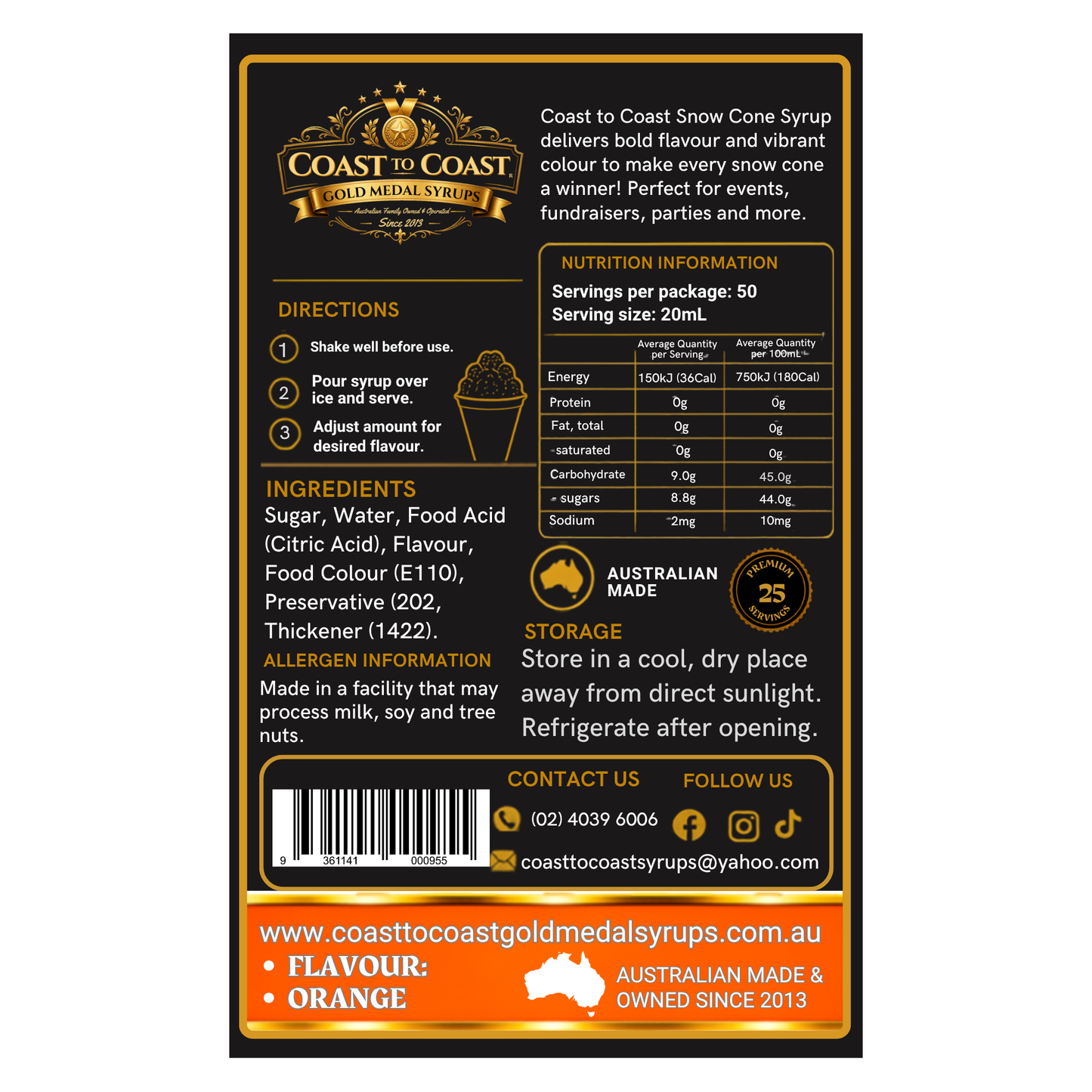 Orange Snow Cone Syrups 750ml - Coast to Coast Gold Medal Syrups®