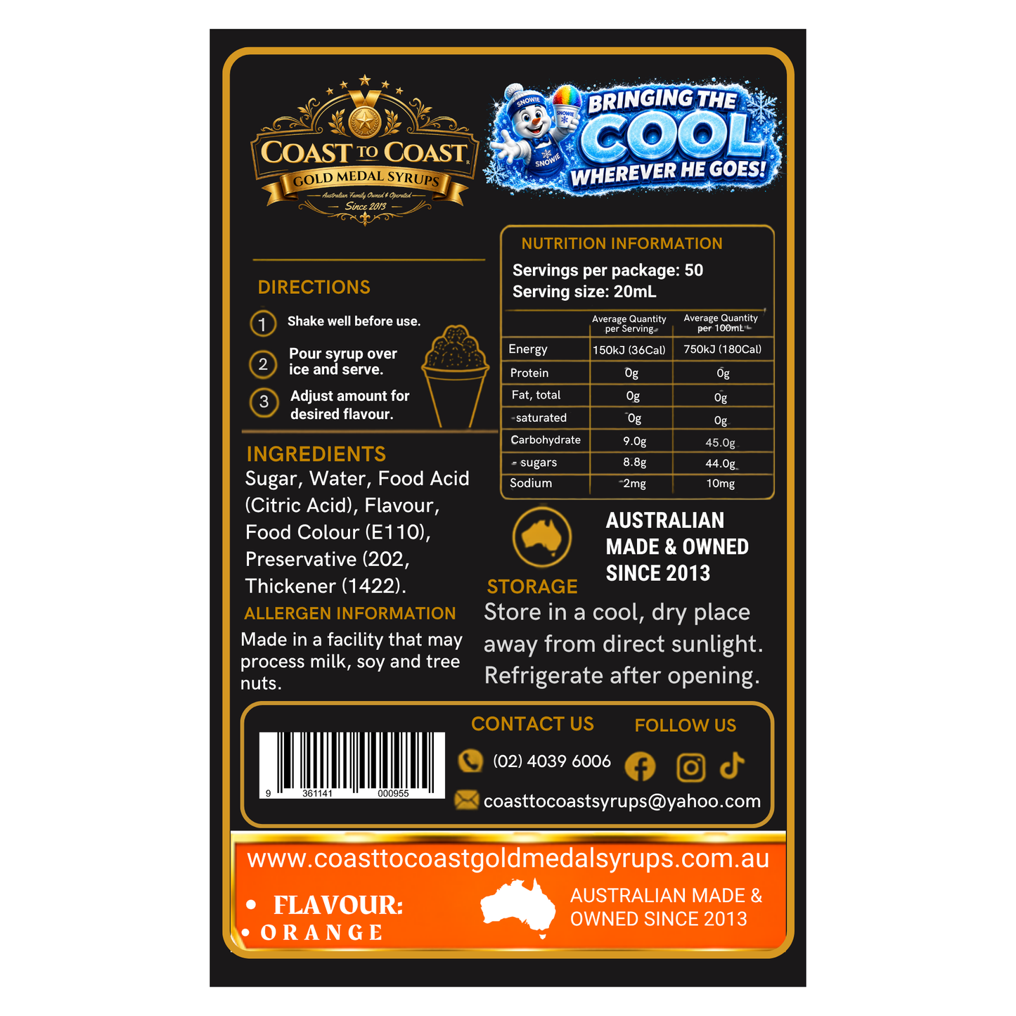 Orange Snow Cone Syrups 750ml - Coast to Coast Gold Medal Syrups®