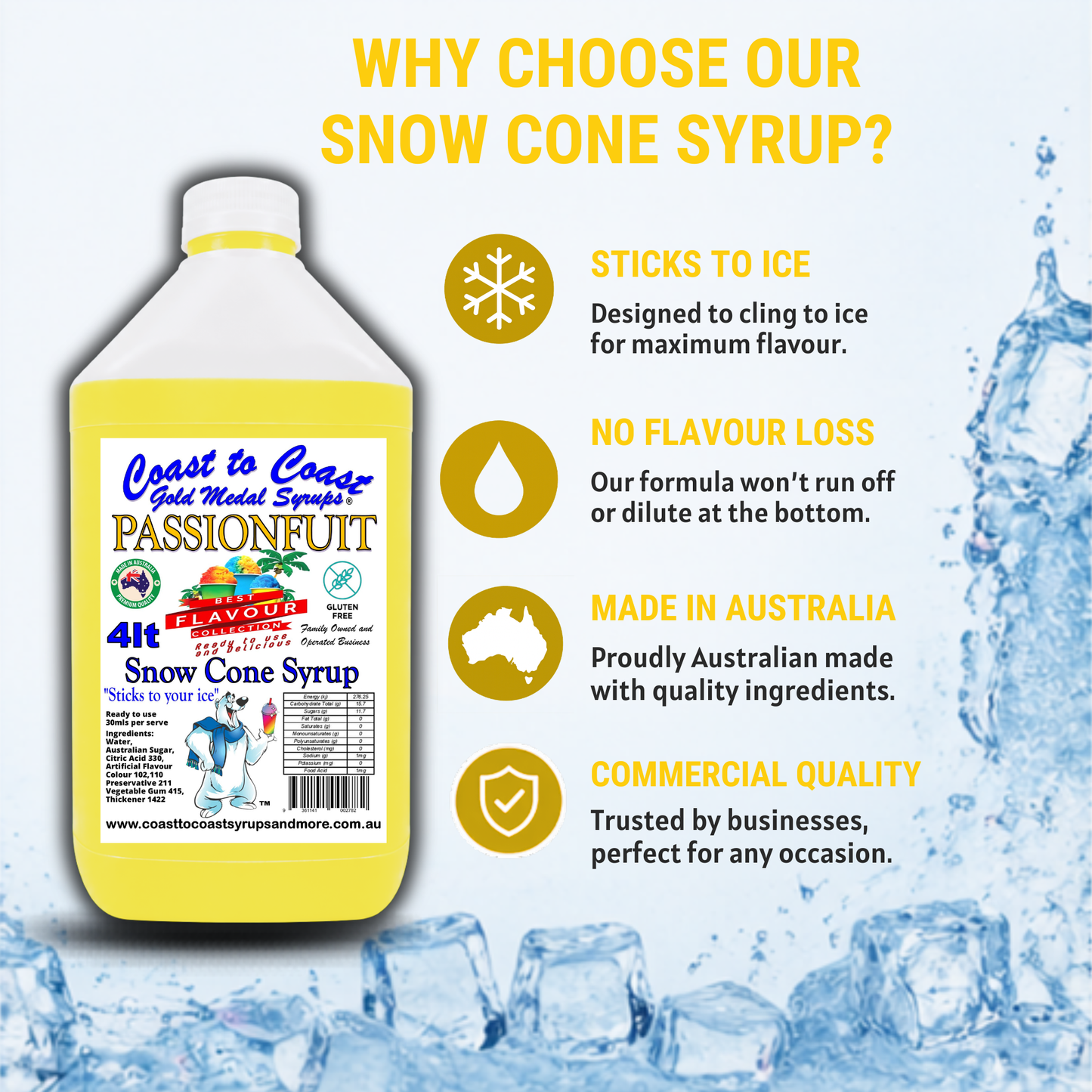 6 Passionfruit Snow Cone Syrup, 4Ltr, Premium Ice Syrup, Coast to Coast Gold Medal Syrups®