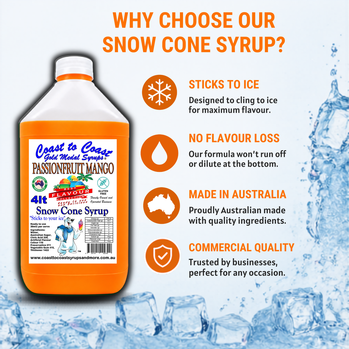 6 Passionfruit Mango Snow Cone Syrup, 4Ltr, Premium Ice Syrup, Coast to Coast Gold Medal Syrups®
