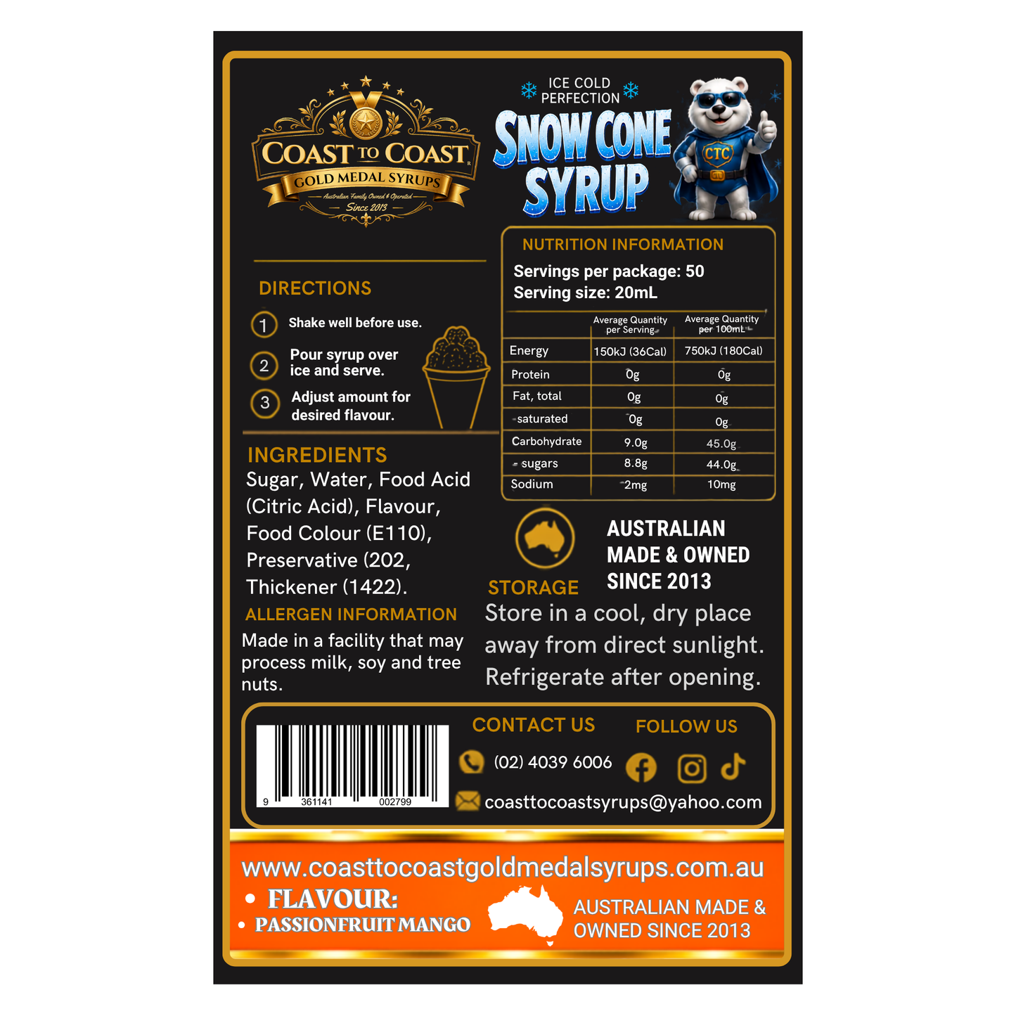 Passionfruit Mango Snow Cone Syrups 4ltr - Coast to Coast Gold Medal Syrups®
