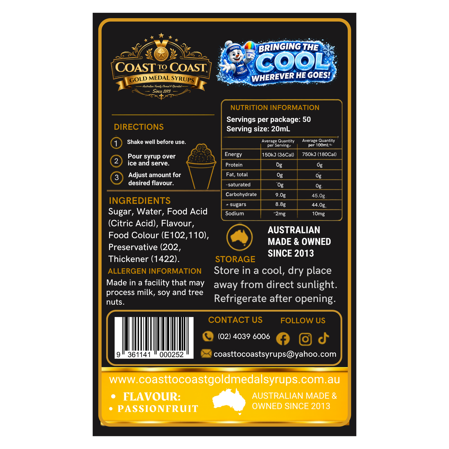 Passionfruit Snow Cone Syrups 250ml - Coast to Coast Gold Medal Syrups®
