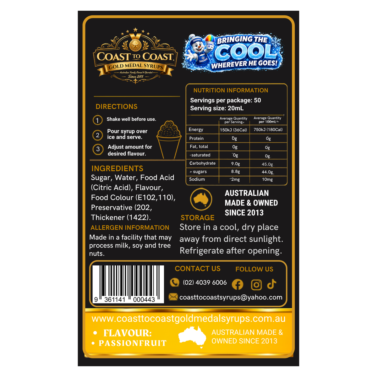 Passionfruit Snow Cone Syrups 375ml - Coast to Coast Gold Medal Syrups®
