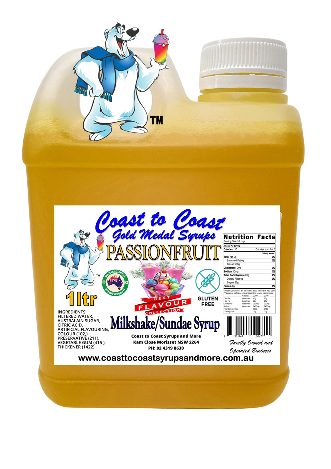 #2 Passionfruit, Milkshake/Sundae toppings 1ltr, Coast to Coast Gold Medal Syrups®