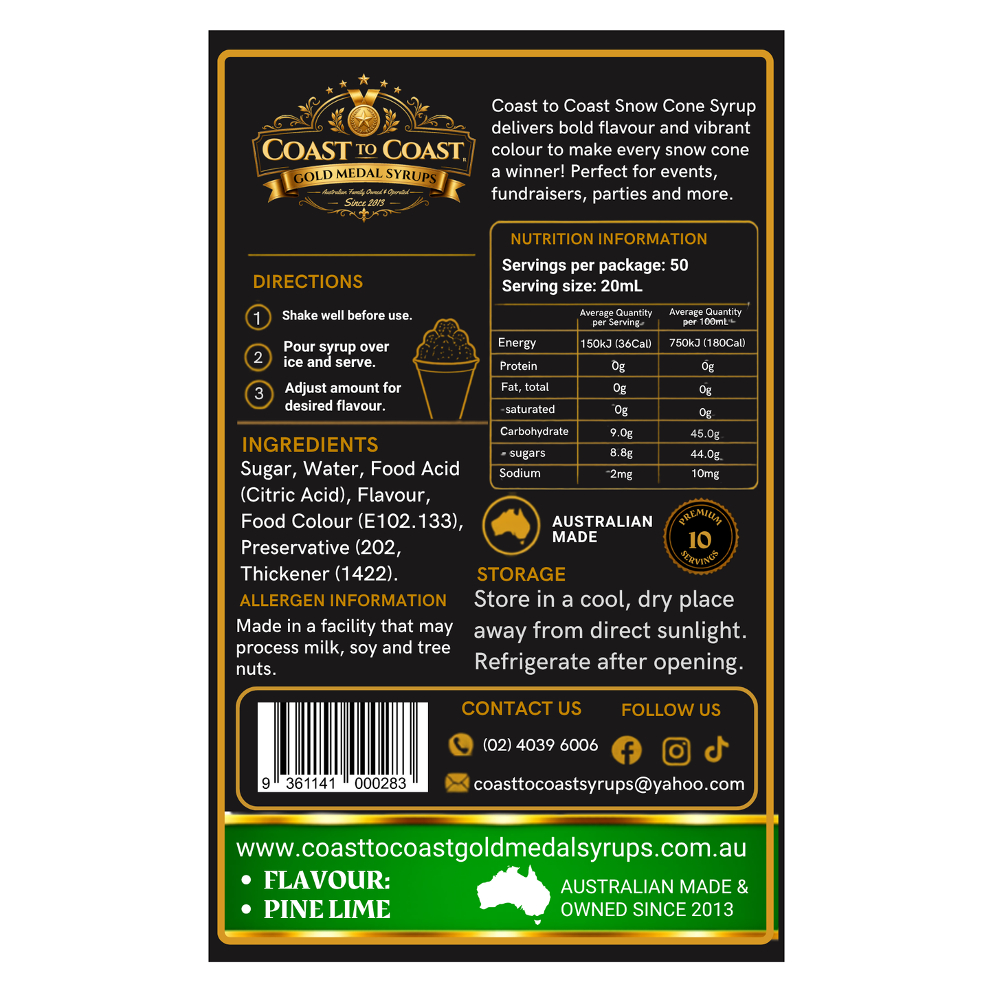 Pine Lime Snow Cone Syrups 250ml - Coast to Coast Gold Medal Syrups®