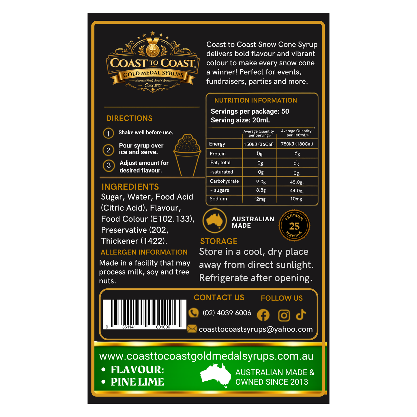 Pine Lime Snow Cone Syrups 750ml - Coast to Coast Gold Medal Syrups®