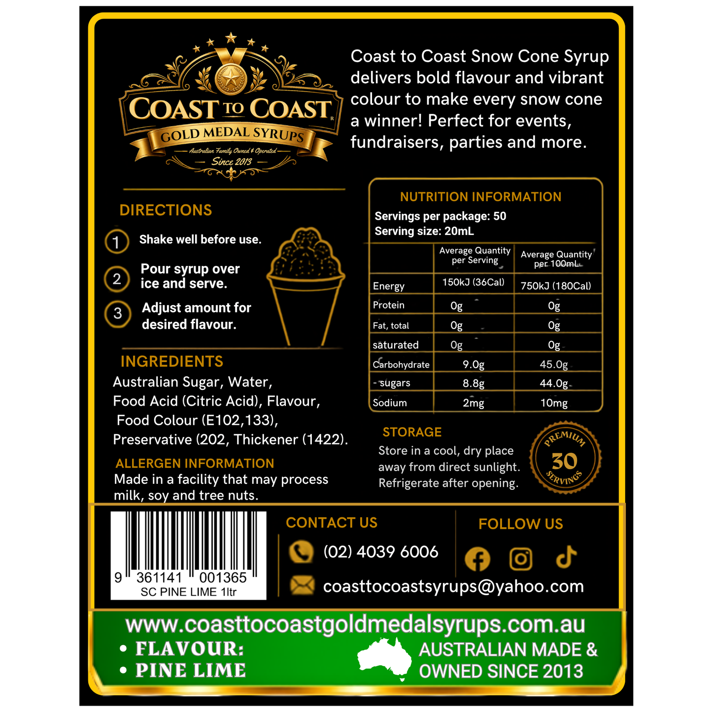 Pine Lime Snow Cone Syrups 1ltr - Coast to Coast Gold Medal Syrups®