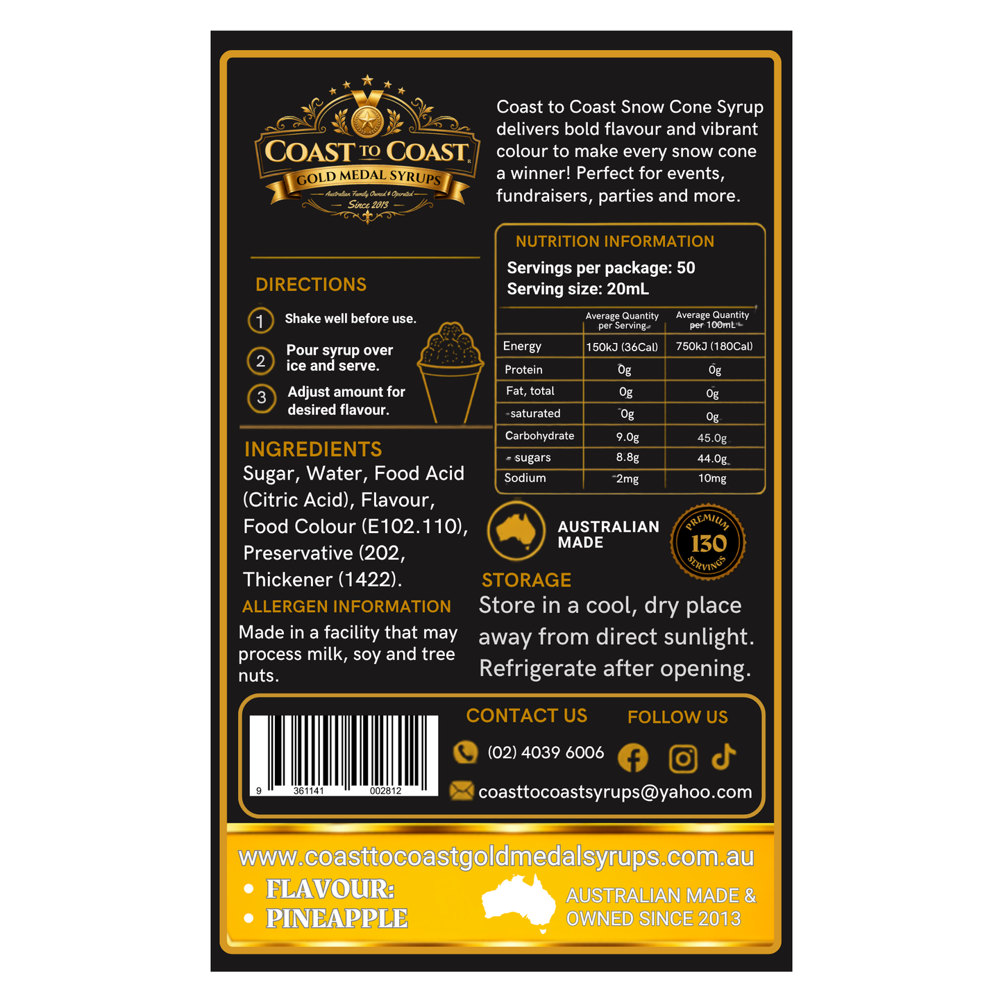 Pineapple Snow Cone Syrups 4ltr - Coast to Coast Gold Medal Syrups®