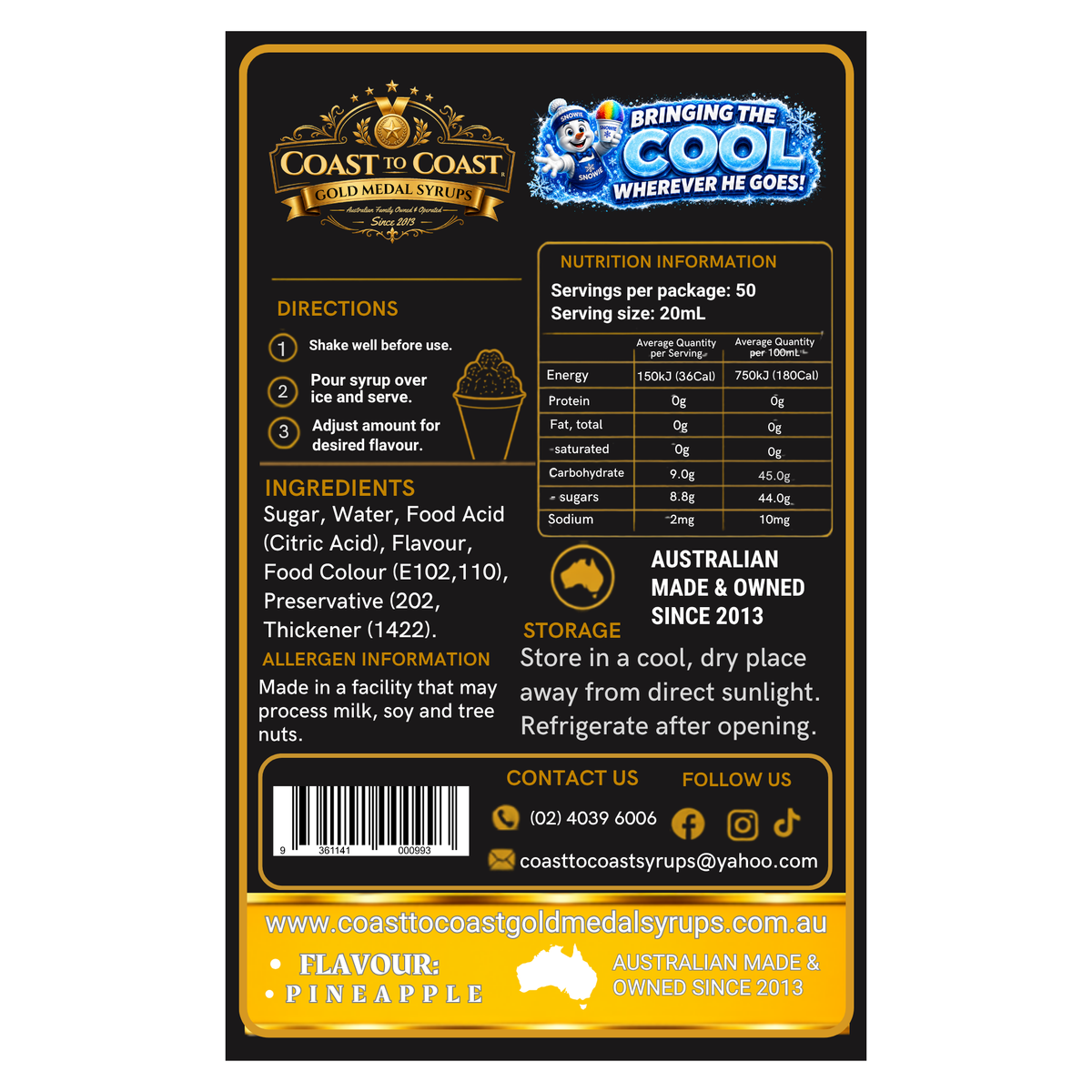 Pineapple Snow Cone Syrups 750ml - Coast to Coast Gold Medal Syrups®