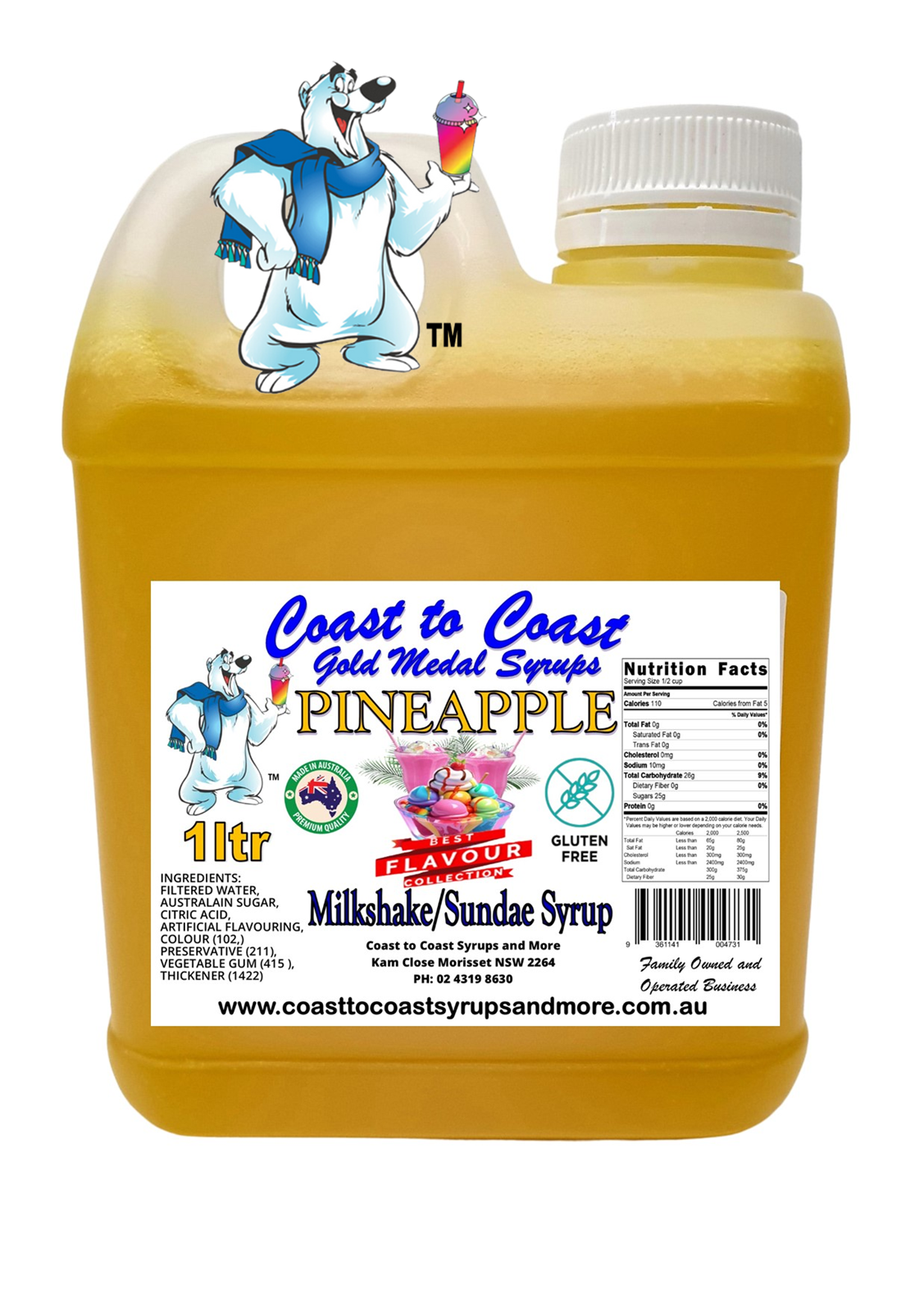 #2 Pineapple, Milkshake/Sundae toppings 1ltr, Coast to Coast Gold Medal Syrups®