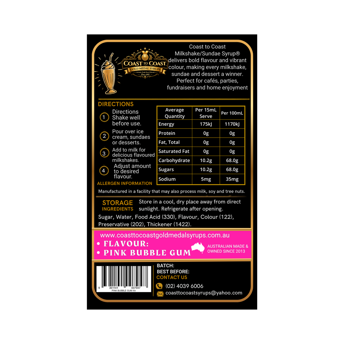 Pink Bubble Gum, Milkshake-Sundae Toppings 4ltr with pump - Coast to Coast Gold Medal Syrups®