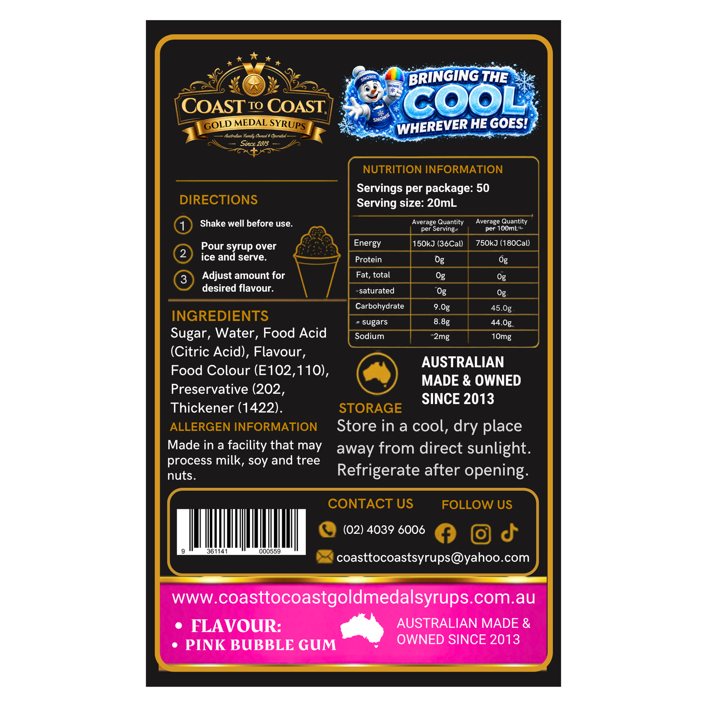 Pink Bubble Gum Snow Cone Syrups 750ml - Coast to Coast Gold Medal Syrups®