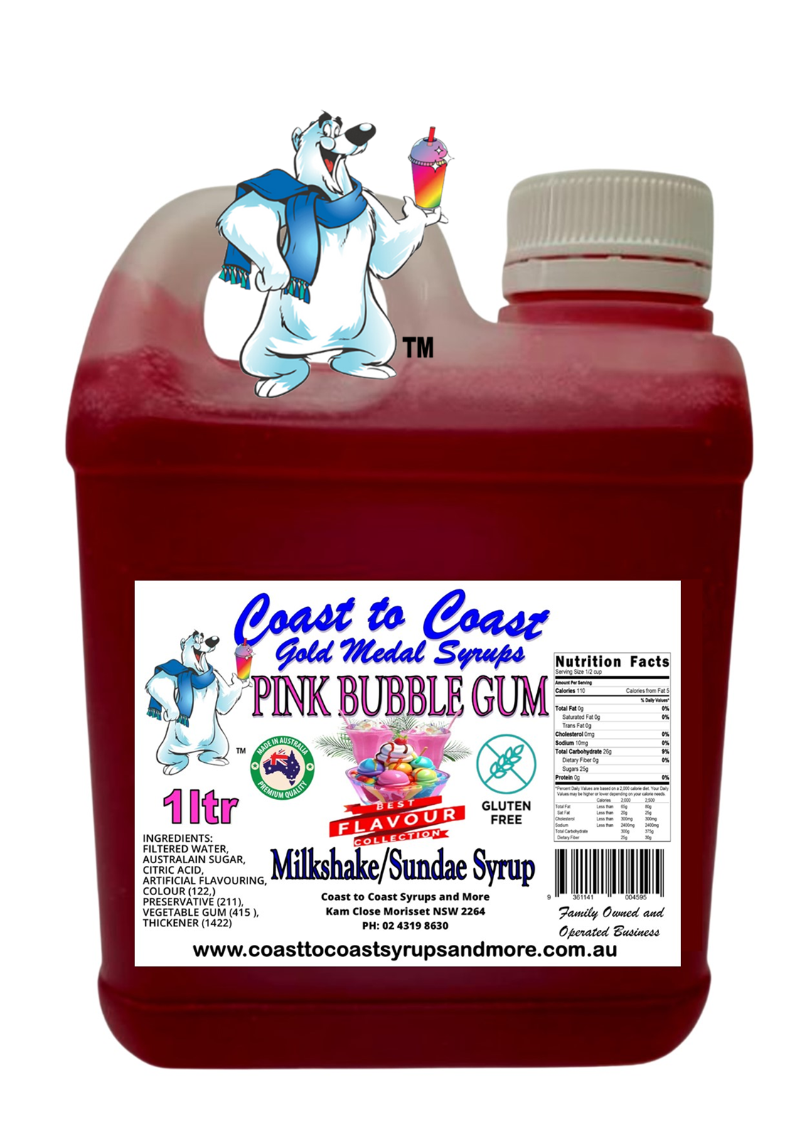 #2 Pink Bubble Gum, Milkshake/Sundae toppings 1ltr, Coast to Coast Gold Medal Syrups®