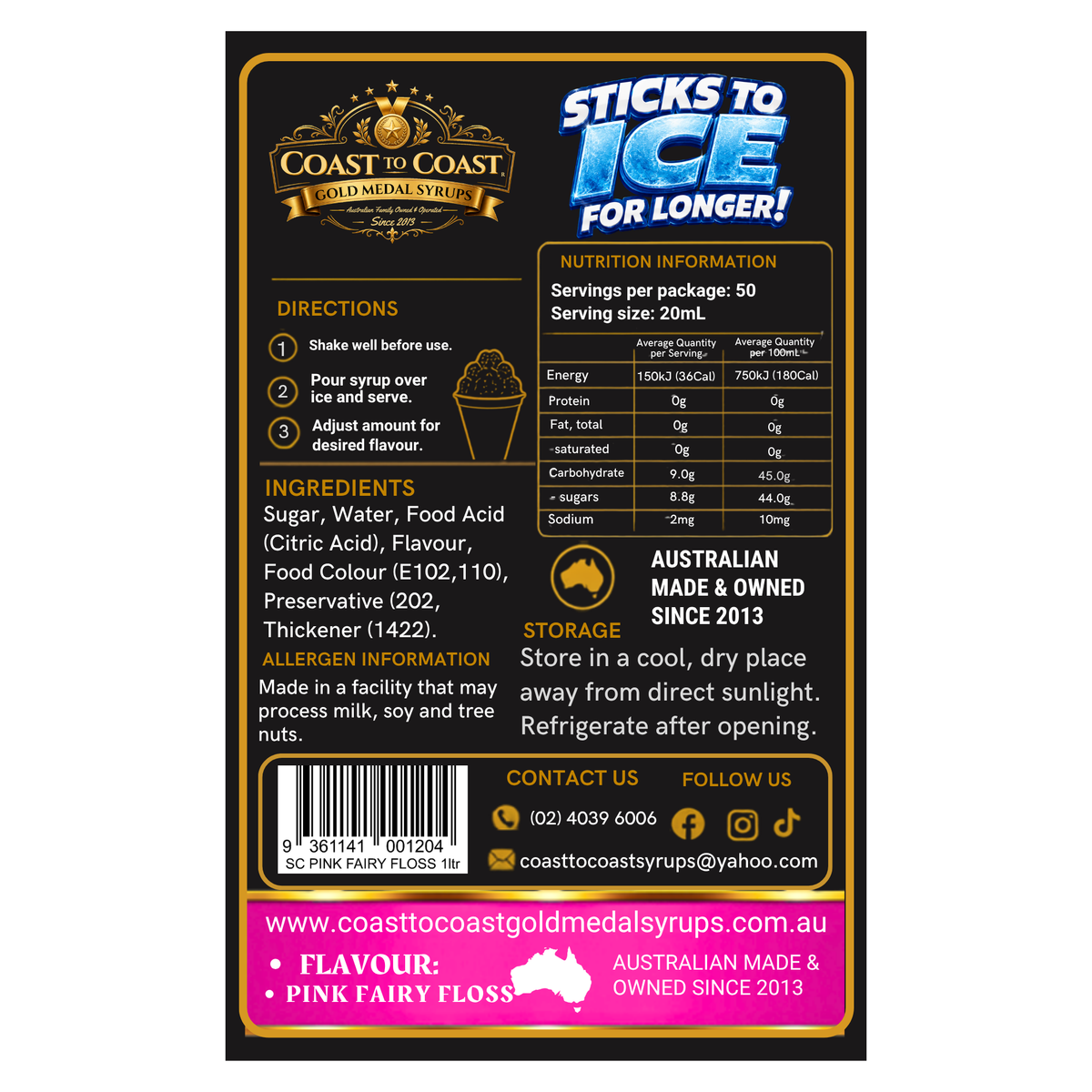 Pink Fairy Floss Snow Cone Syrups 1ltr - Coast to Coast Gold Medal Syrups®