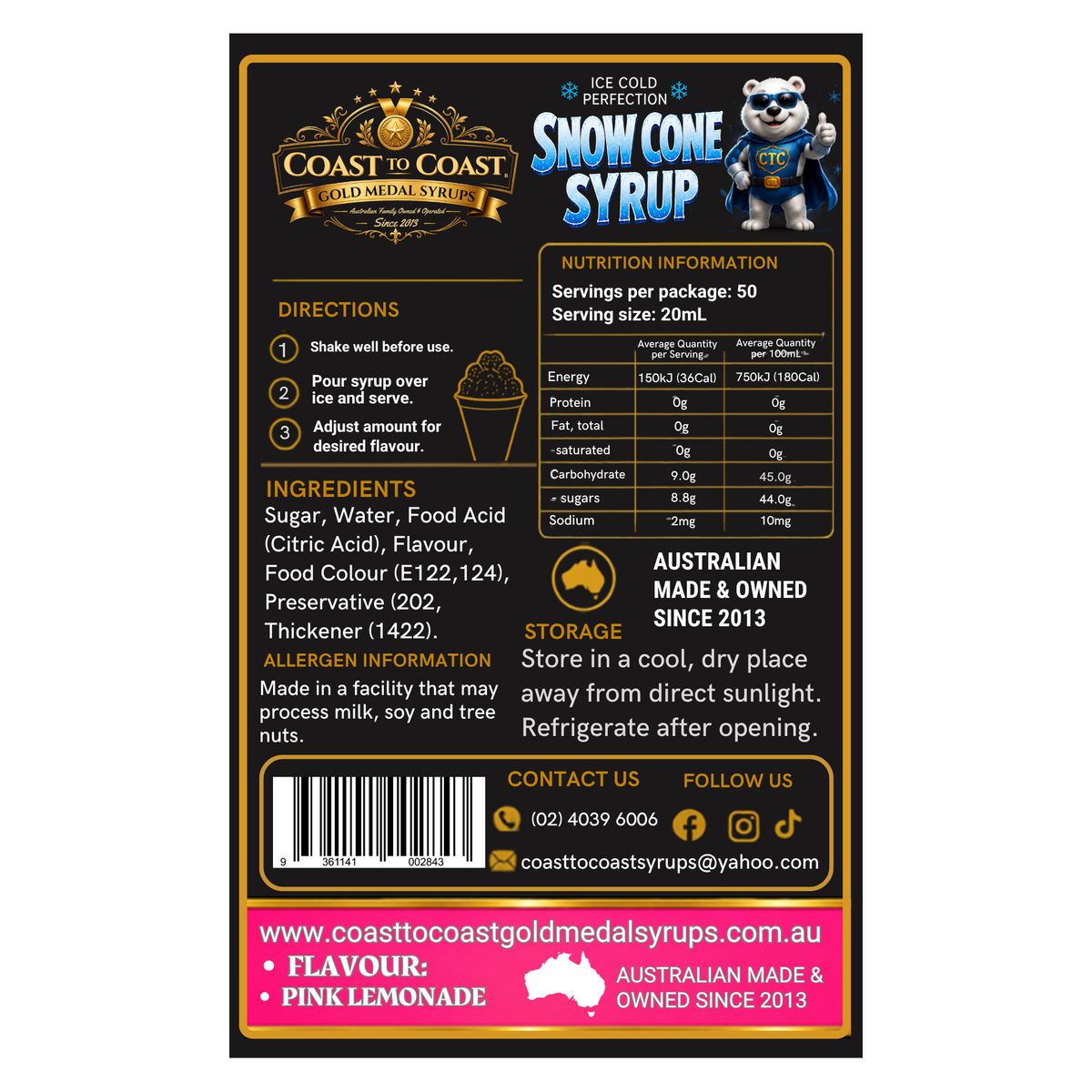 Pink Lemonade Snow Cone Syrups 4ltr - Coast to Coast Gold Medal Syrups®