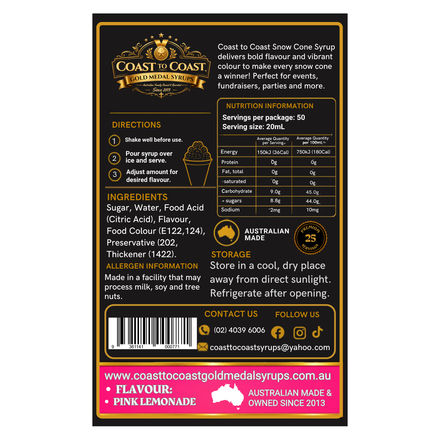 Pink Lemonade Snow Cone Syrups 750ml - Coast to Coast Gold Medal Syrups®