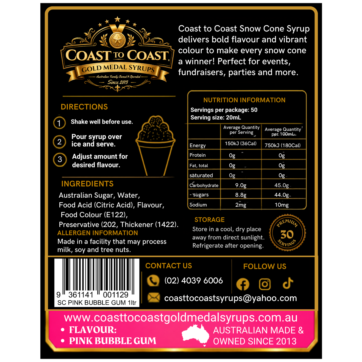 Pink Bubble Gum Snow Cone Syrups 1ltr - Coast to Coast Gold Medal Syrups®