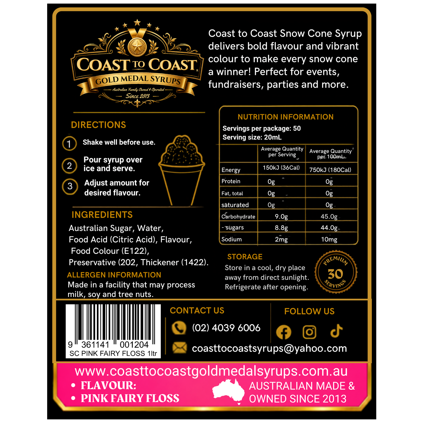 Pink Fairy Floss Snow Cone Syrups 1ltr - Coast to Coast Gold Medal Syrups®