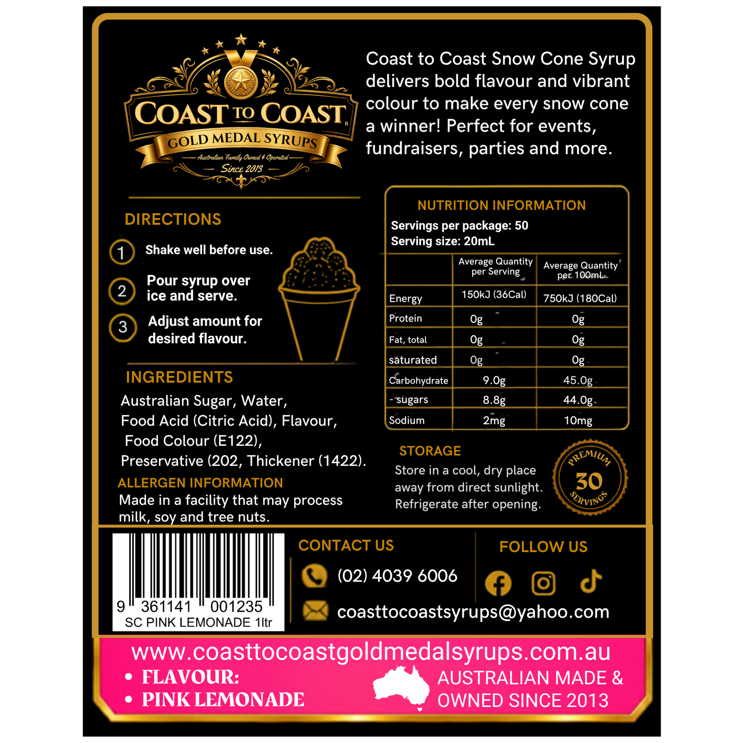 Pink Lemonade Snow Cone Syrups 1ltr - Coast to Coast Gold Medal Syrups®