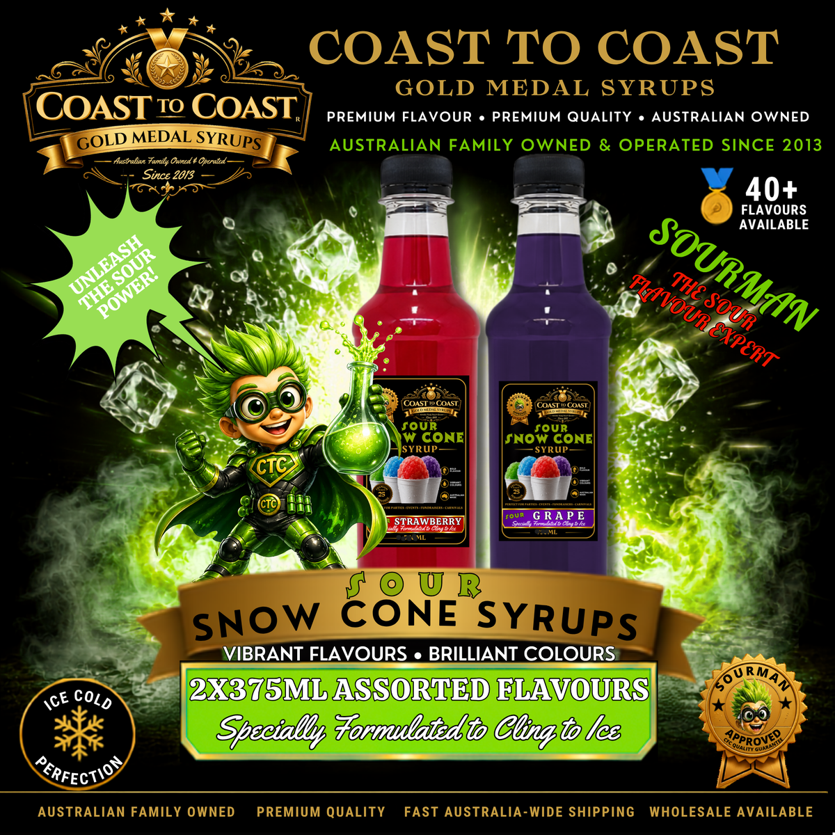Premium Sour Assorted Flavours 2x375ml - Coast to Coast Gold Medal Syrups®