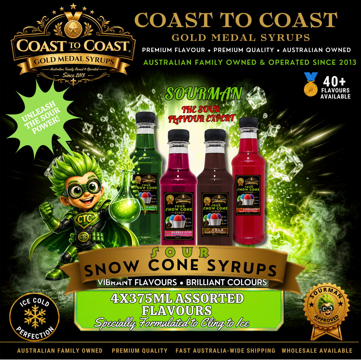 Premium Sour Assorted Flavours 4x375ml - Coast to Coast Gold Medal Syrups®
