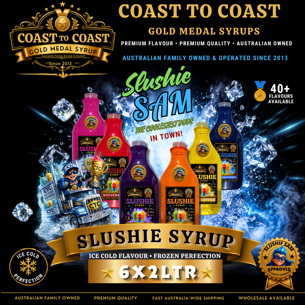 Premium Assorted Flavours 6x2ltr Slushie Syrups, Coast to Coast Gold Medal Syrups®