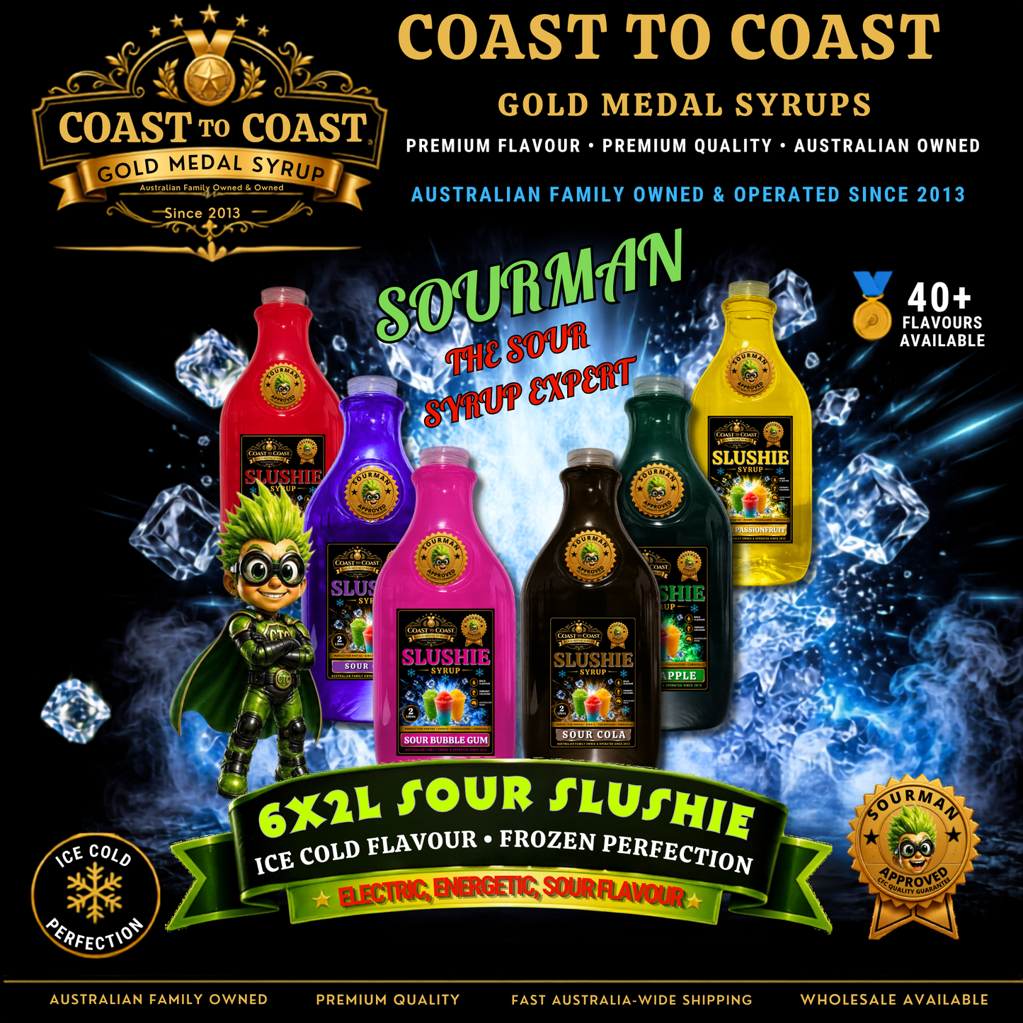 Premium Assorted Flavours Sour Slushie Syrups 6x2ltr - Coast to Coast Gold Medal Syrups