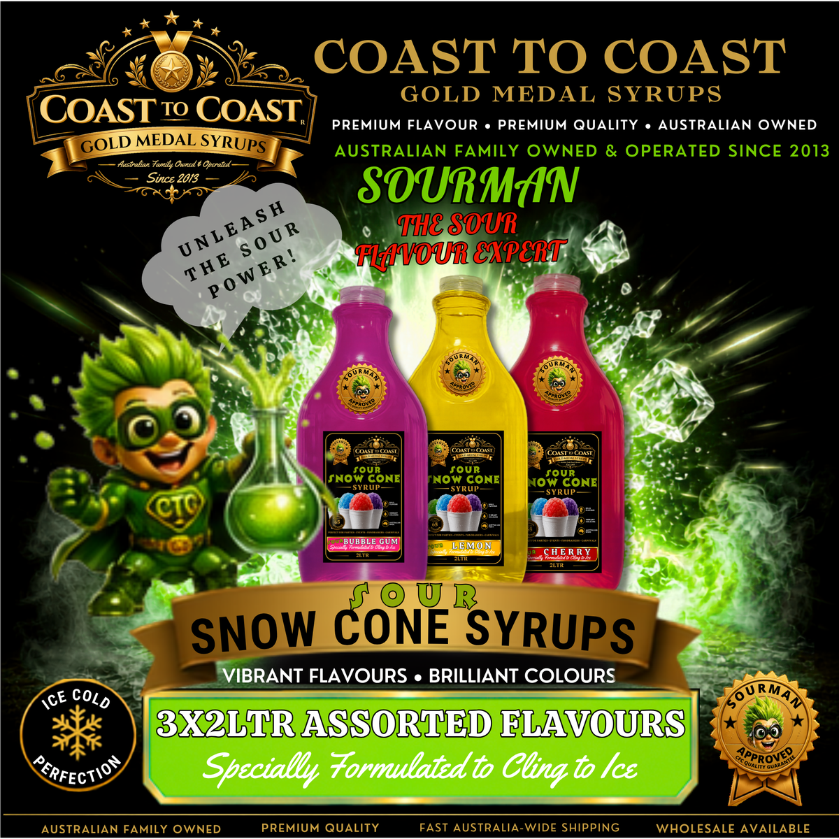 Premium Sour Snow Cone Syrup Assorted Flavours 3x2ltr - Coast to Coast Gold Medal Syrups®