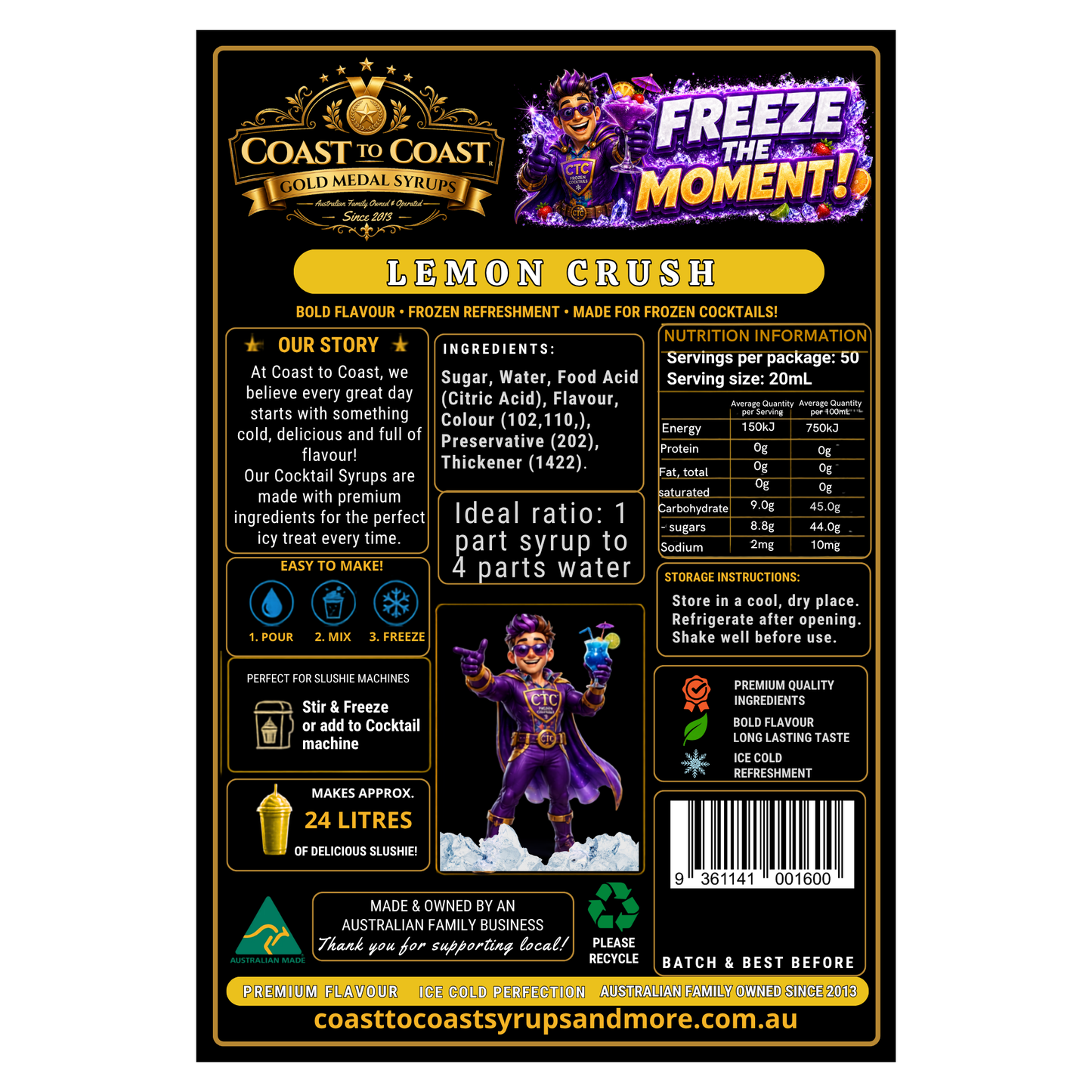 Lemon Crush Premium Cocktail Syrups 4ltr - Coast to Coast Gold Medal Syrups®