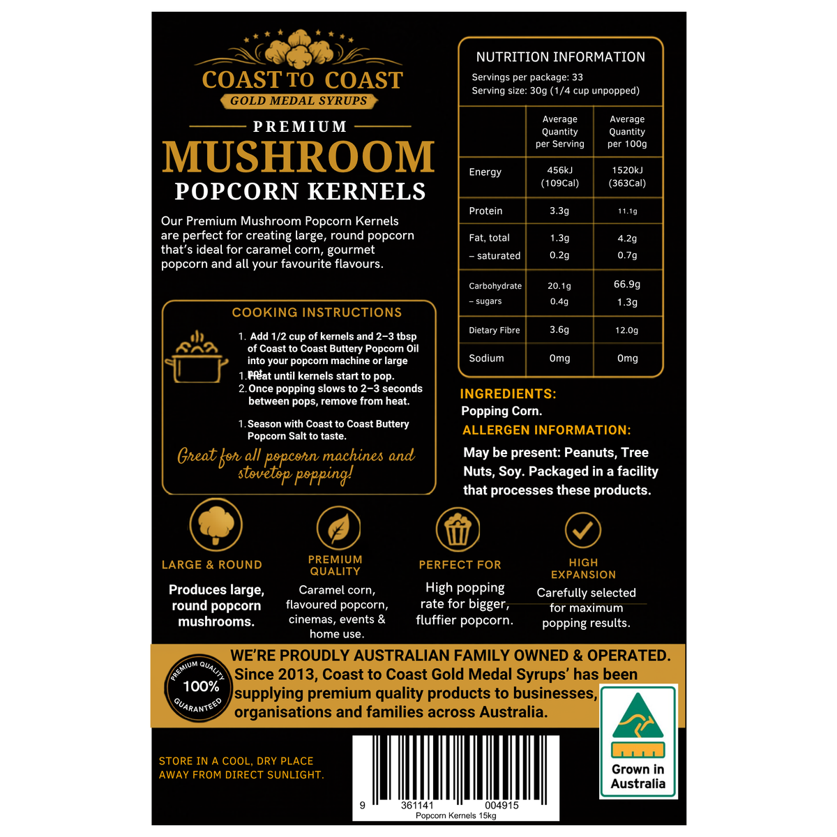 🌽 Mushroom Popcorn Kernels 15kg - Coast to Coast Gold Medal Syrups®