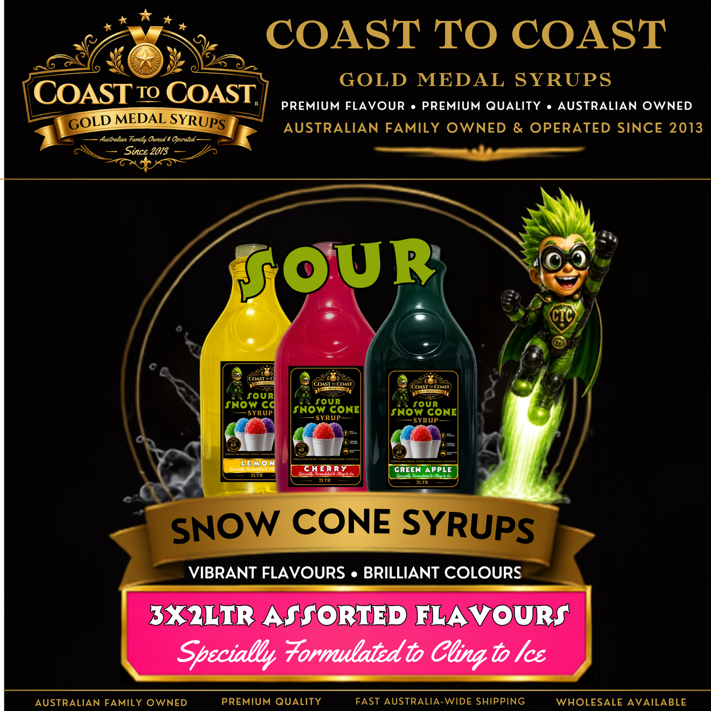 Premium Sour Assorted Flavours 3x2ltr - Coast to Coast Gold Medal Syrups®