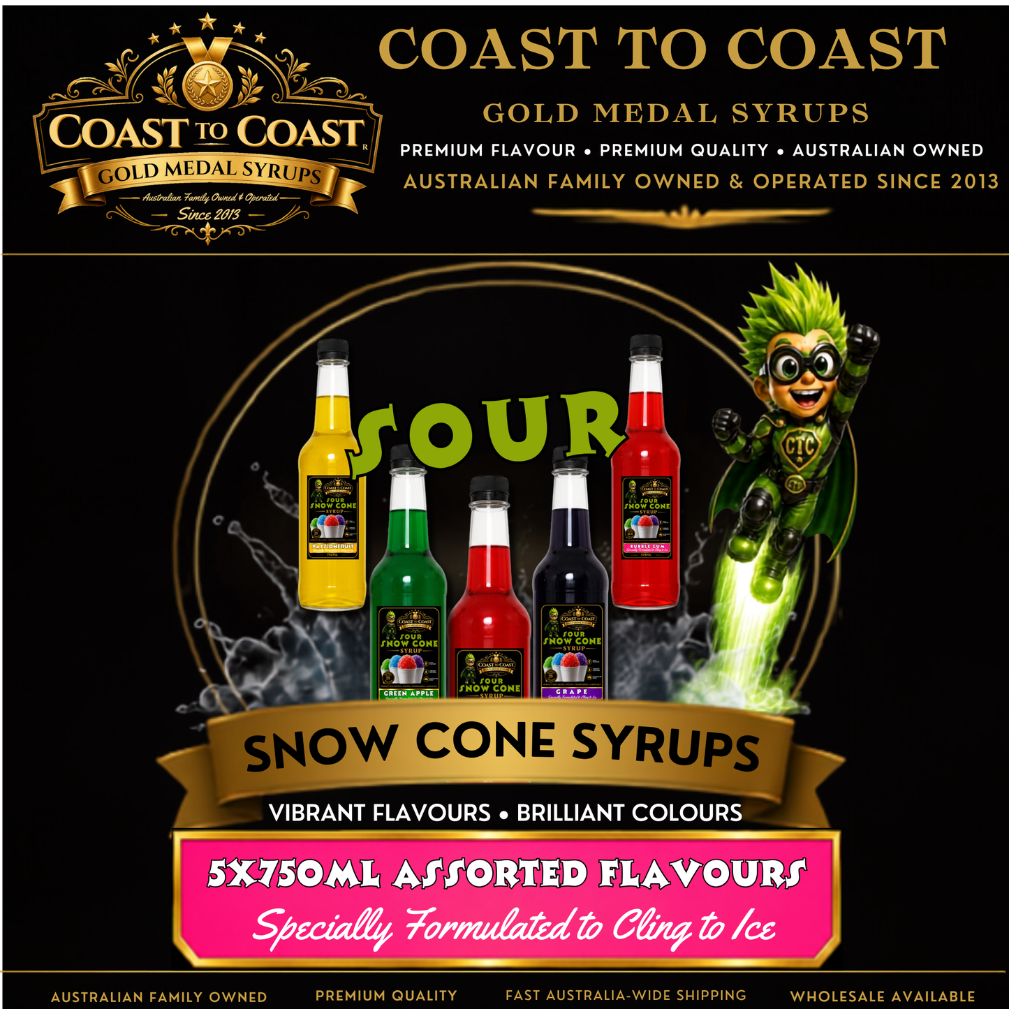 Premium Snow Cone Sour Assorted Flavour 5x750ml - Coast to Coast Gold Medal Syrups®