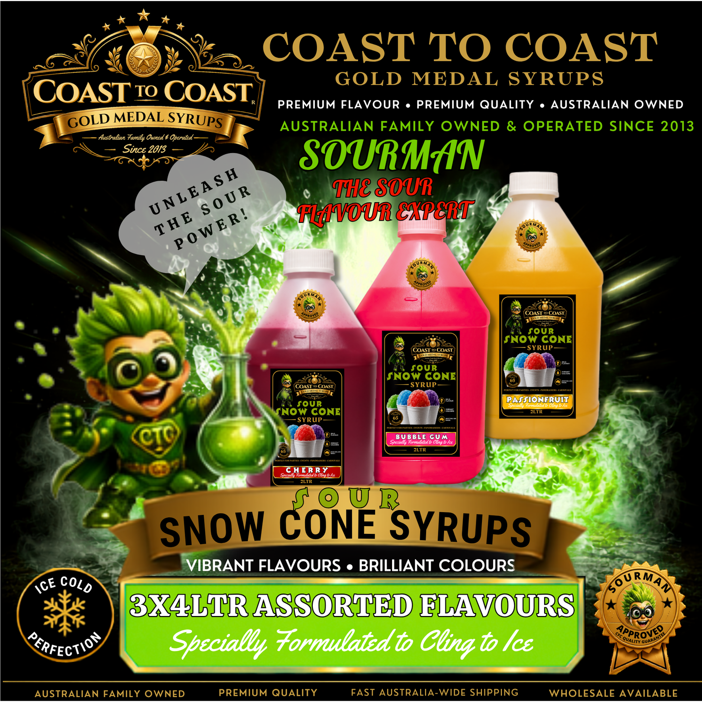 Premium Sour Snow Cone Syrup Assorted Flavours 3x4ltr - Coast to Coast Gold Medal Syrups® (Copy)