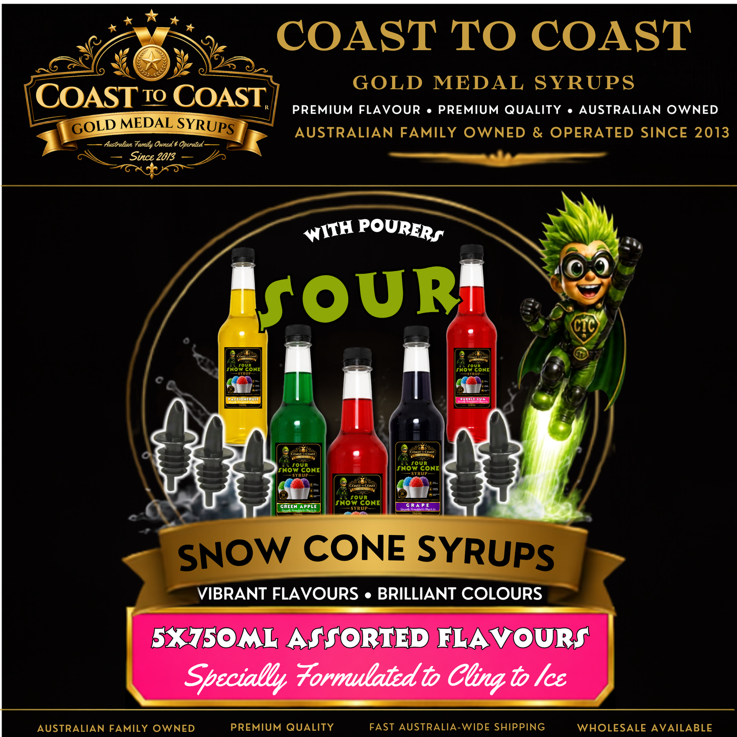 Premium Snow Cone Sour Assorted Flavour with Pourers 5x750ml - Coast to Coast Gold Medal Syrups®