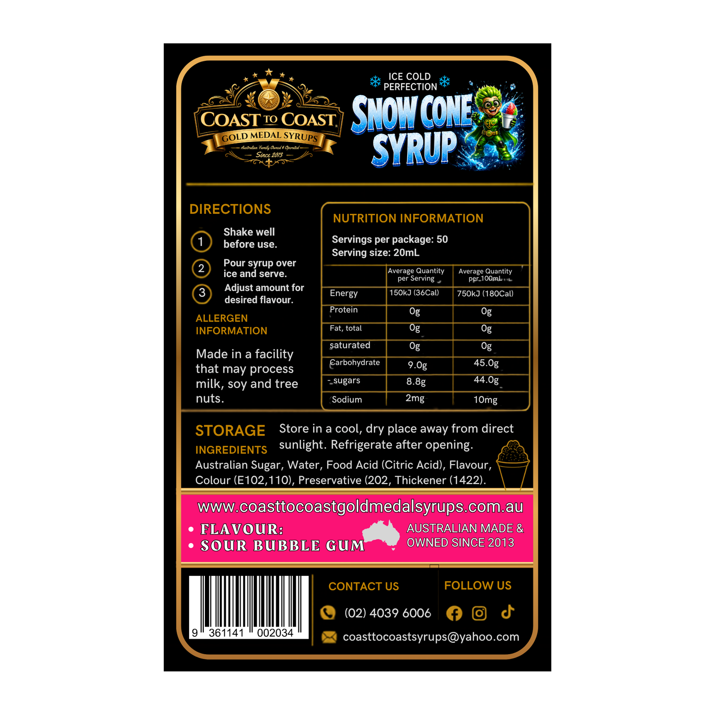 Premium Sour Bubble Gum Snow Cone Syrup 375ml with Pourer - Coast to Coast Gold Medal Syrups®