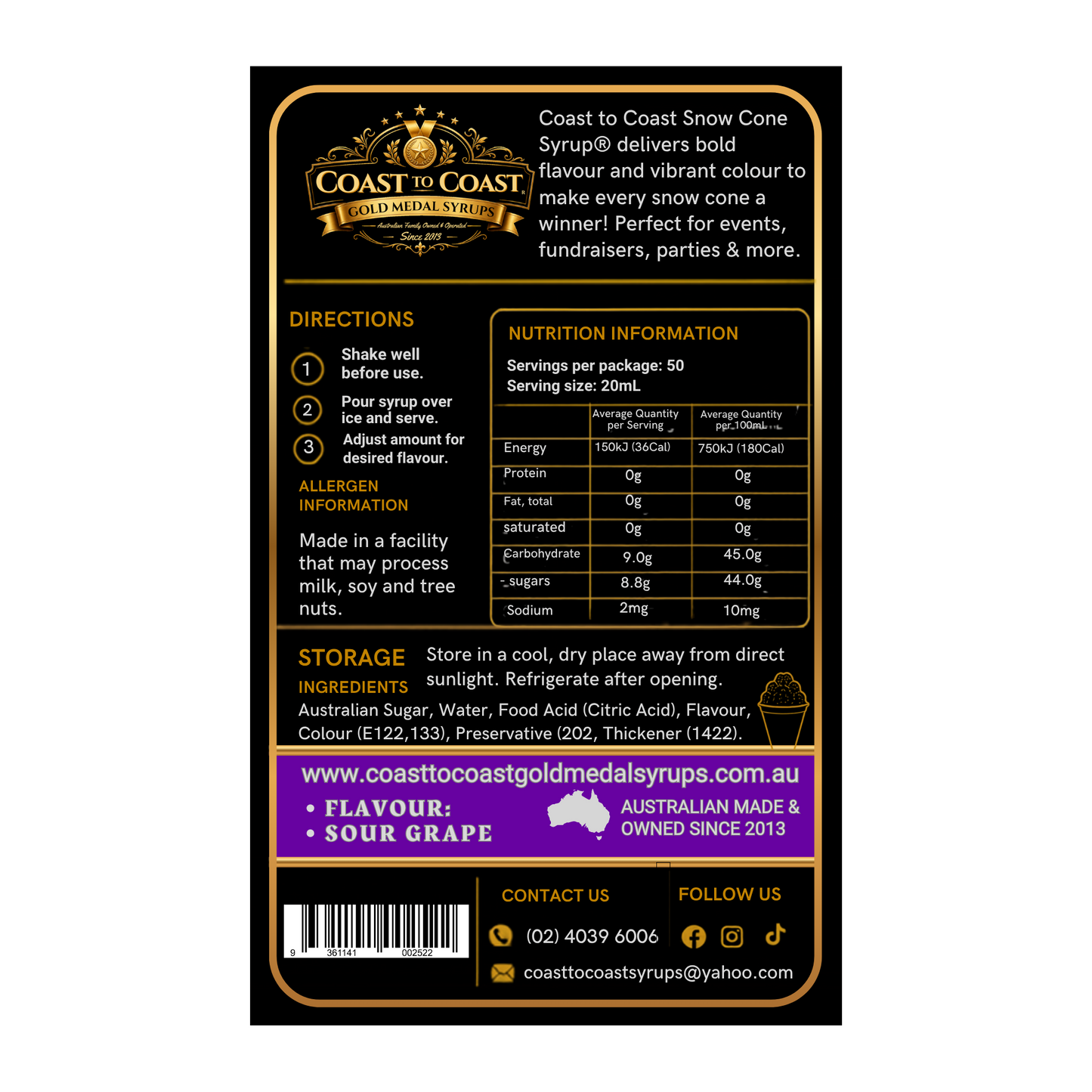 Premium Sour Grape 2ltr - Coast to Coast Gold Medal Syrups®