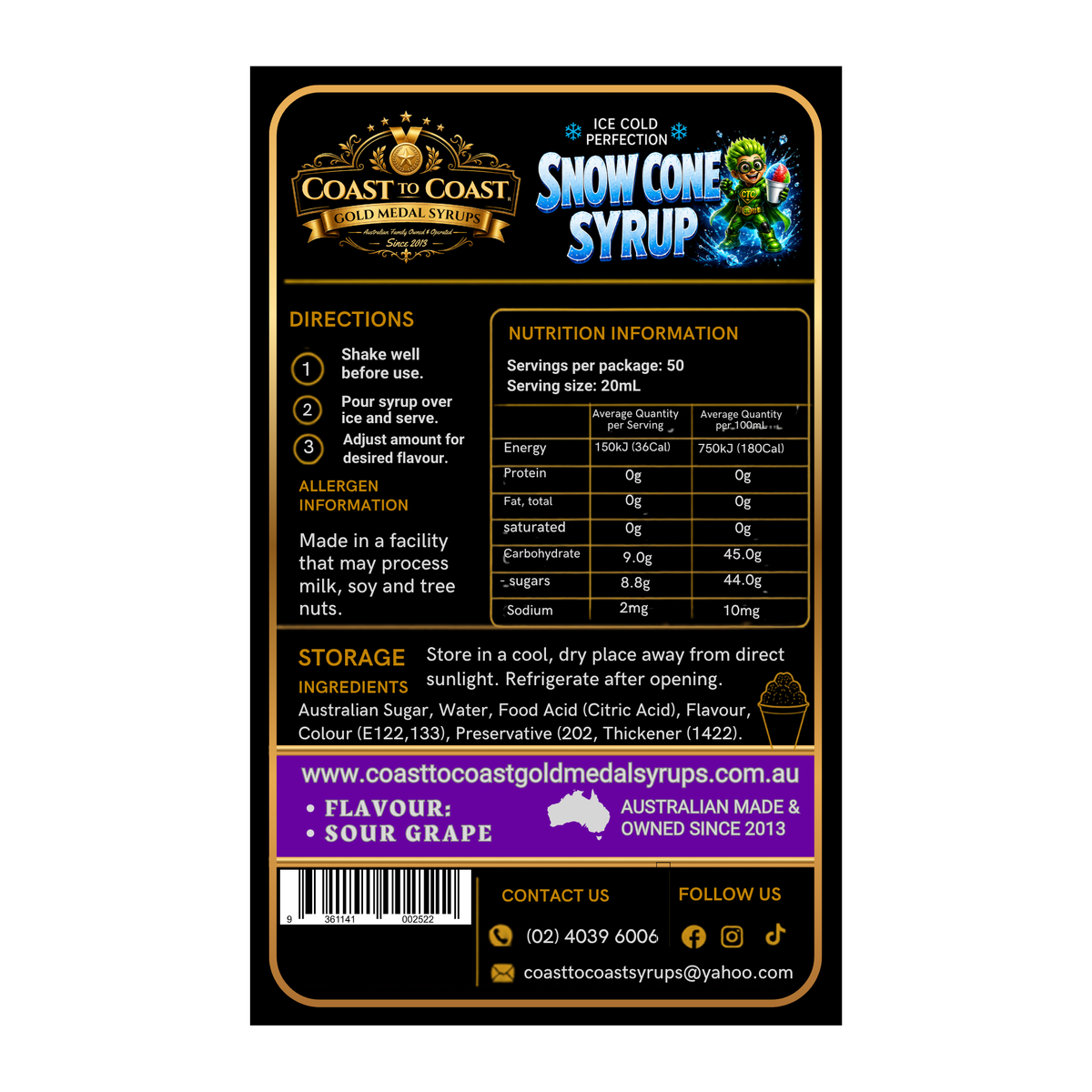 Premium Sour Grape Snow Cone Syrup 2ltr - Coast to Coast Gold Medal Syrups®