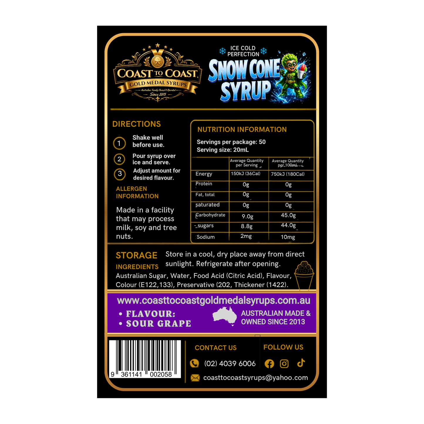Premium Sour Grape Snow Cone Syrup 375ml - Coast to Coast Gold Medal Syrups®