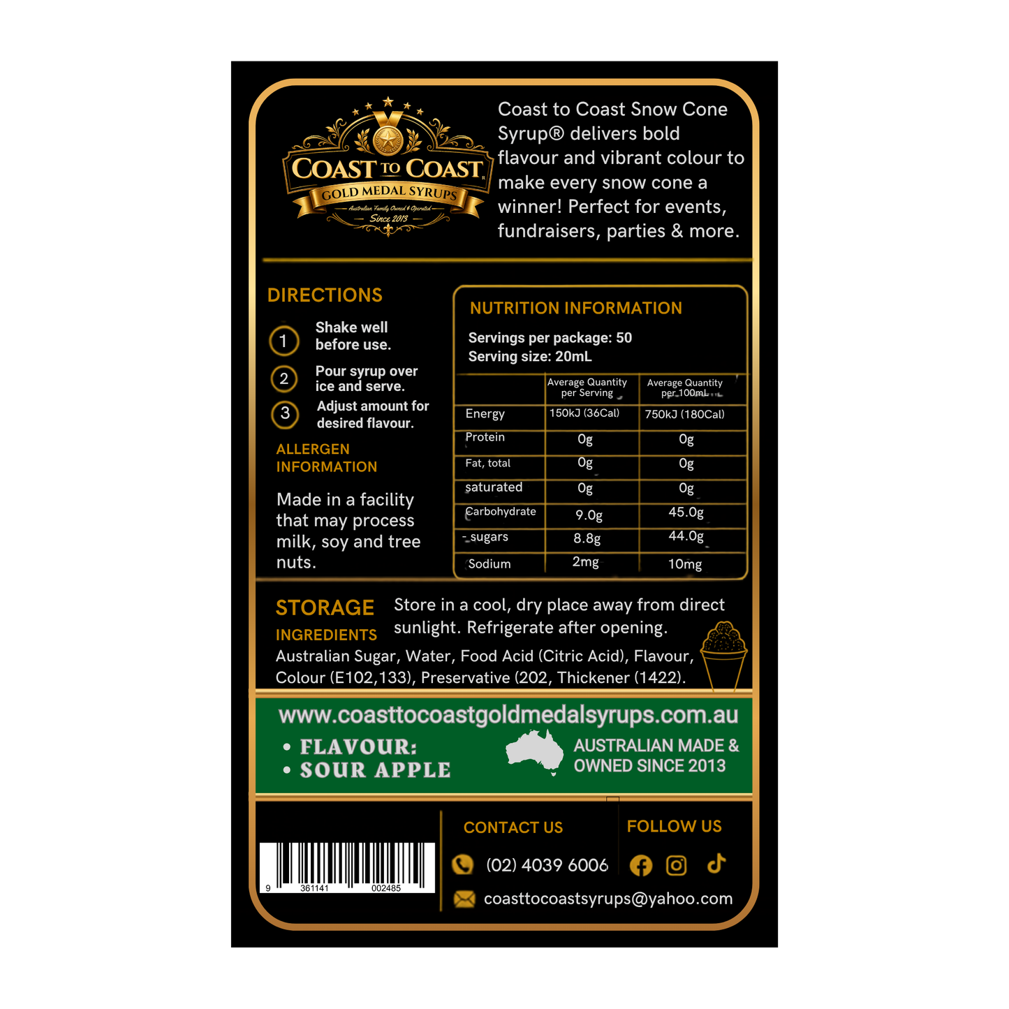 Premium Sour Green Apple 2ltr - Coast to Coast Gold Medal Syrups®