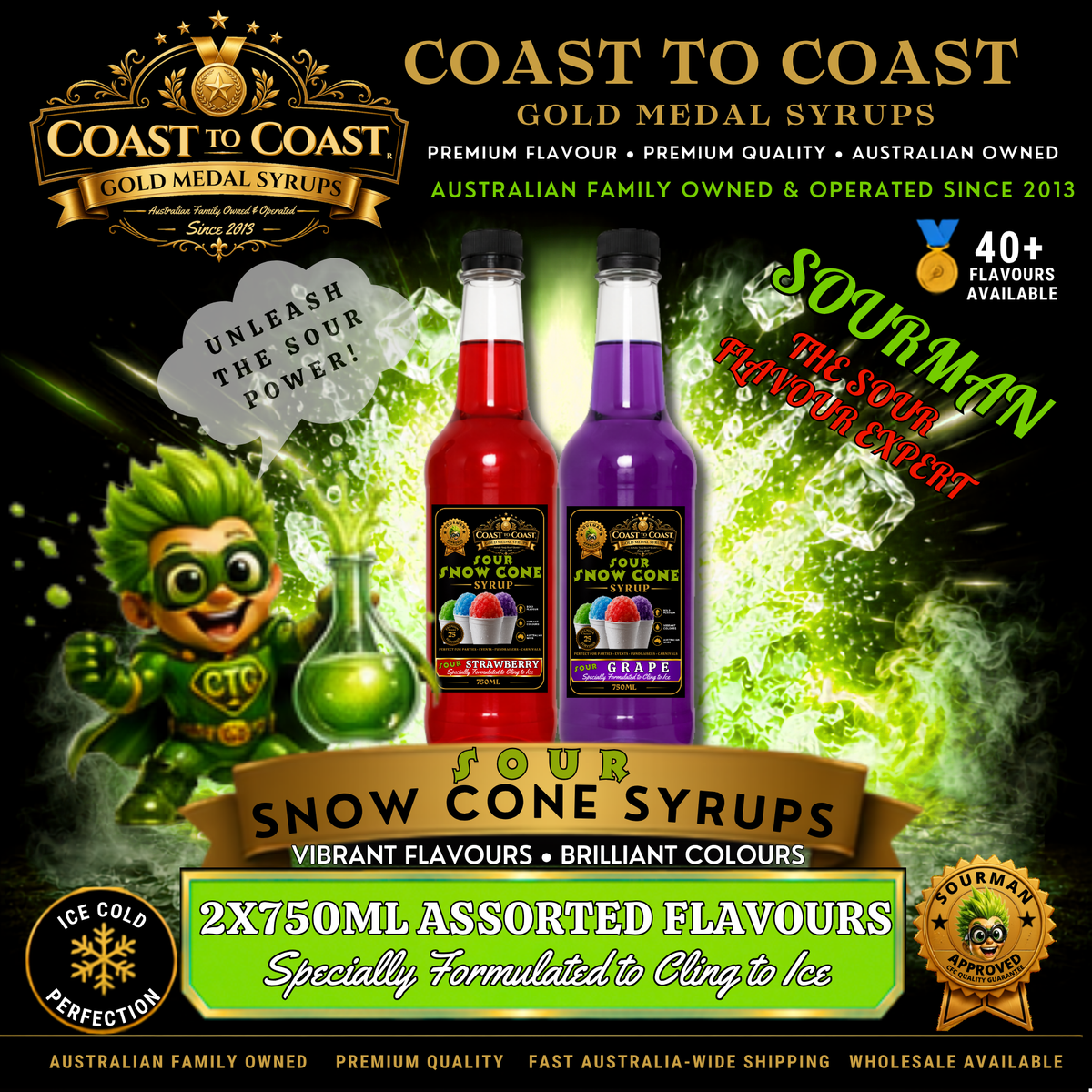 Premium Sour Assorted Flavours 2x750ml - Coast to Coast Gold Medal Syrups®
