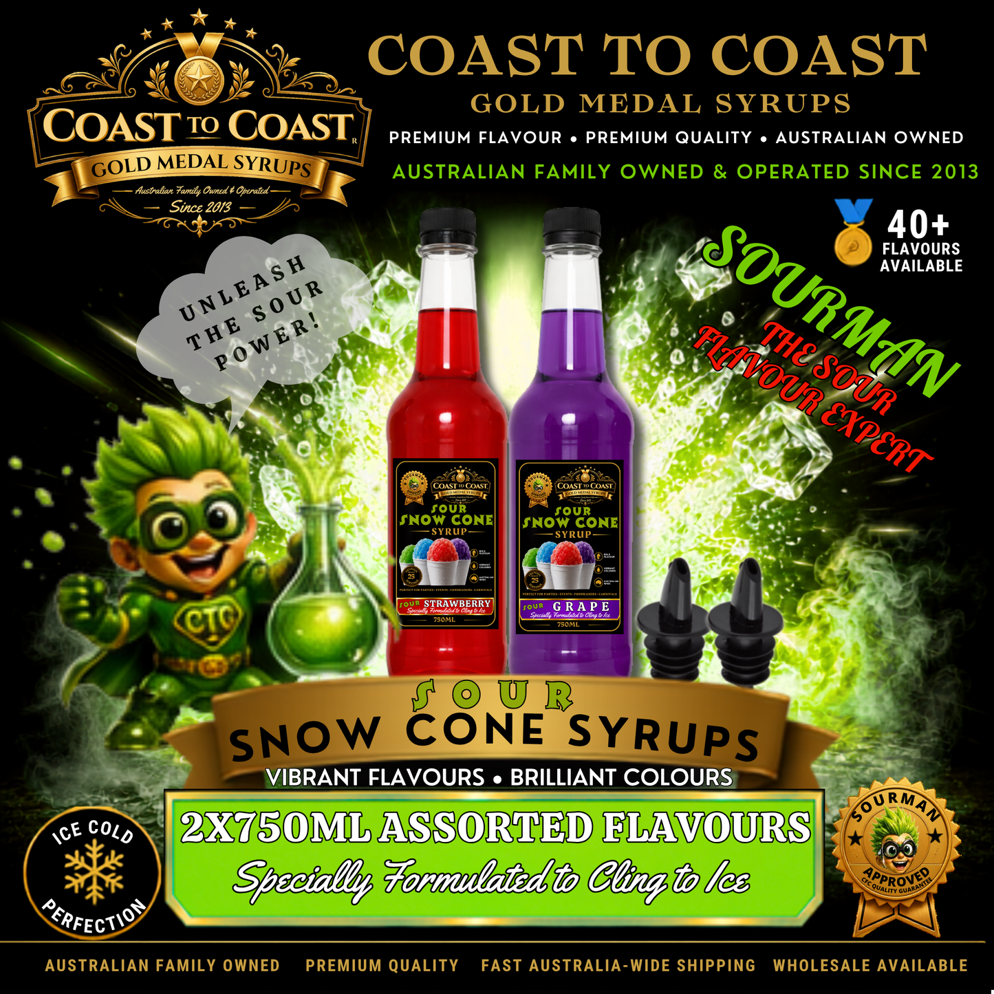Premium Sour Snow Cone Syrup Assorted Flavours with Pourers 2x750ml - Coast to Coast Gold Medal Syrups®