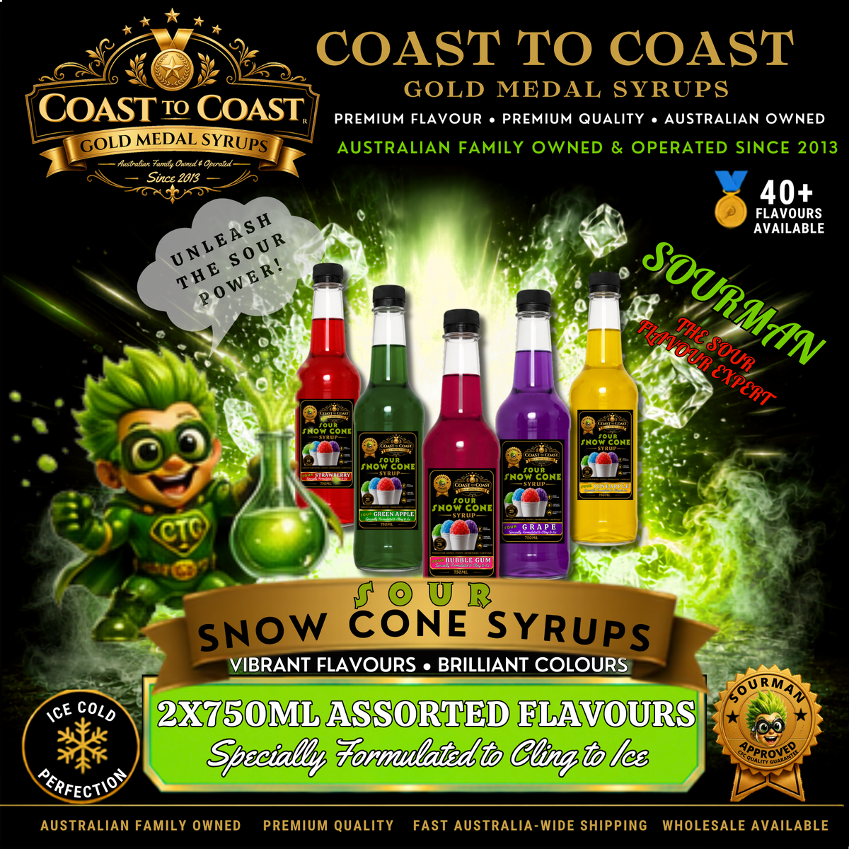 Premium Snow Cone Sour Assorted Flavour 5x750ml - Coast to Coast Gold Medal Syrups®
