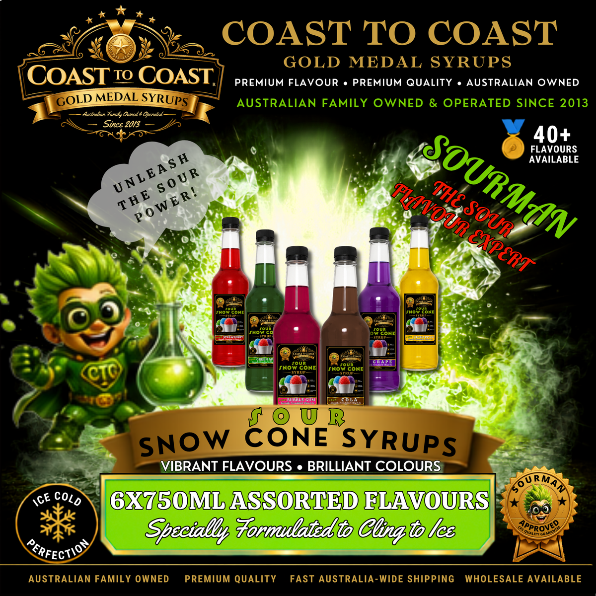 Premium Snow Cone Sour Assorted Flavour 6x750ml - Coast to Coast Gold Medal Syrups®
